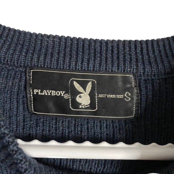 Playboy Men's Blue Wool Blend Classic Knit Patched Sweater - Picture 6 of 8